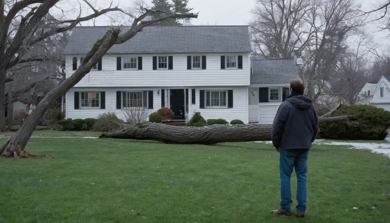 A fallen tree in a residential yard in Tinton Falls with a homeowner taking photos